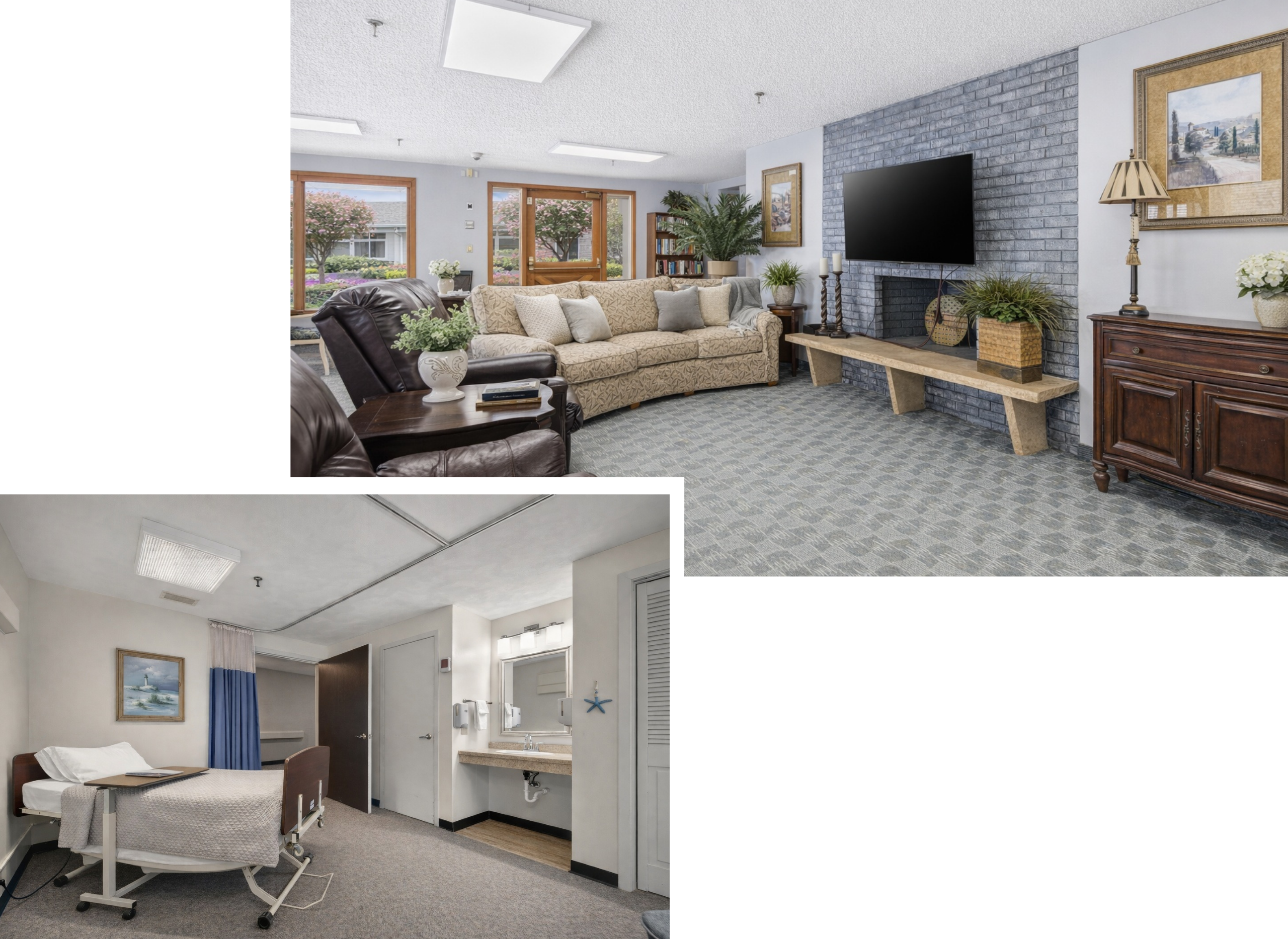 A collage featuring two images of a care center's interior: the first shows a cozy lounge with a large sofa, armchairs, a fireplace, and a TV on a brick wall, decorated with plants, lamps, and framed artwork. The second shows a patient room with a hospital bed, a bedside table, a picture on the wall, and a sink area with a mirror, paper towels, and a starfish decoration.
