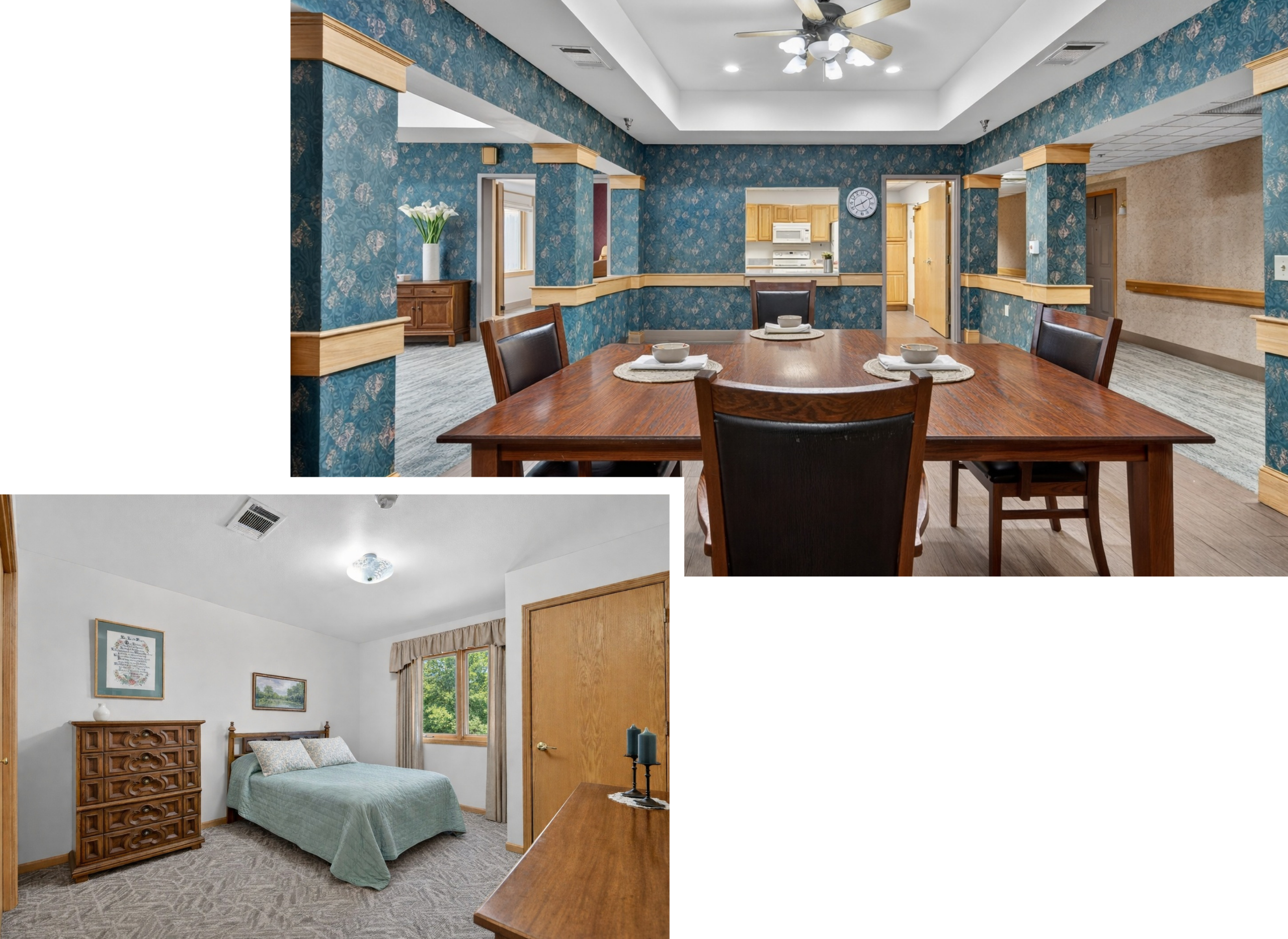 A dining room with a large wooden table and six chairs, blue patterned wallpaper, a ceiling fan, and a view into the kitchen area. A bedroom with a bed, dresser, window with curtains, and framed artwork on the wall.