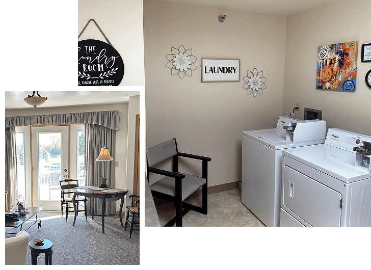 A laundry room with a gray chair and wall decorations, including a framed 